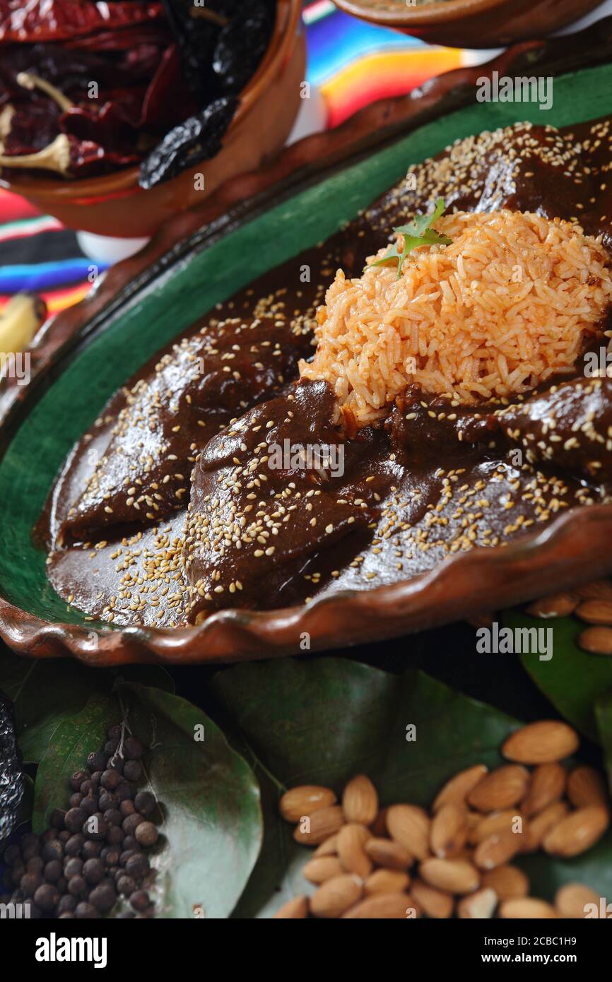 Gros plan de délicieux poulet recouvert de sauce à la mole avec du riz autour des noix, du chocolat et des épices Banque D'Images