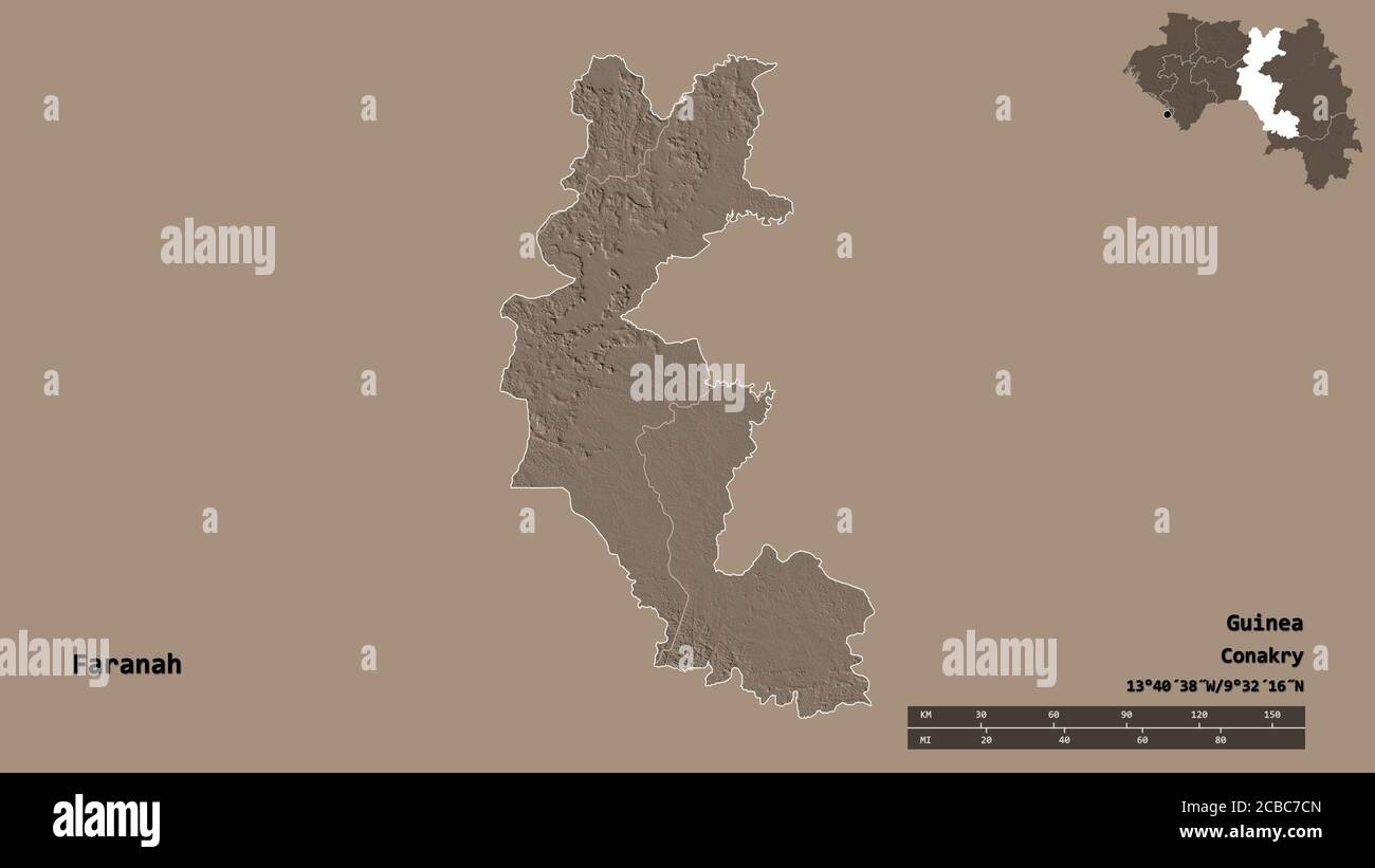Forme de Faranah, région de Guinée, avec sa capitale isolée sur fond