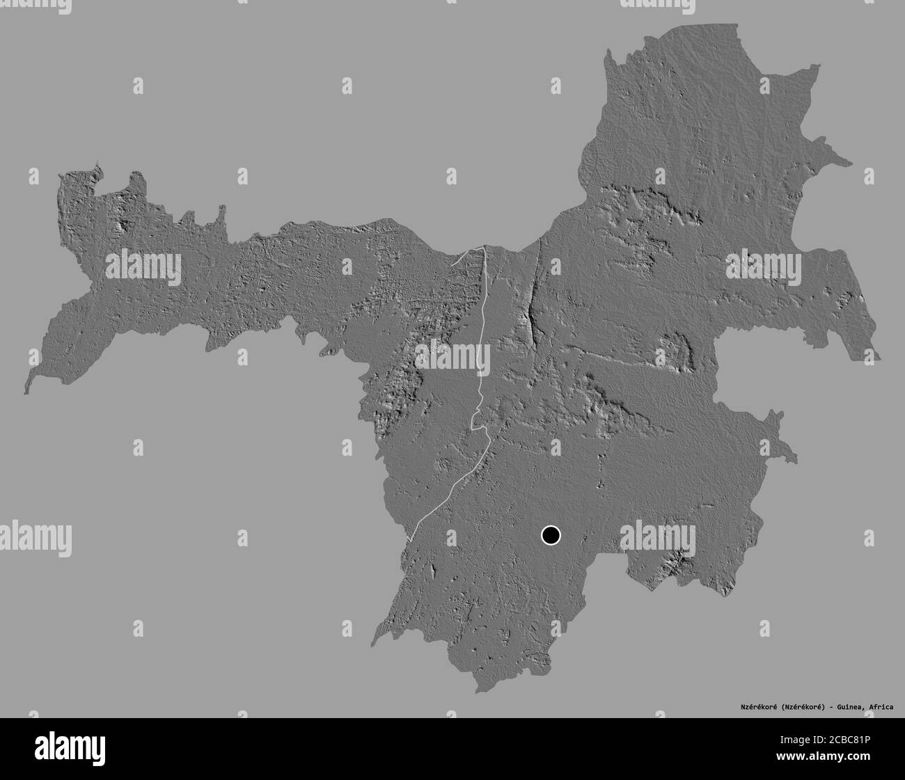 Forme de Nzérékoré, région de Guinée, avec sa capitale isolée sur un fond de couleur unie. Carte d'élévation à deux niveaux. Rendu 3D Banque D'Images