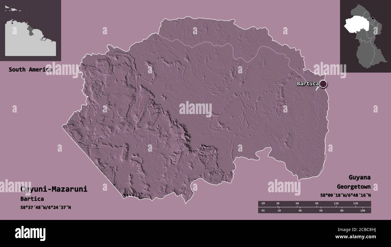 Forme de Cuyuni-Mazaruni, région du Guyana et sa capitale. Echelle de distance, aperçus et étiquettes. Carte d'altitude en couleur. Rendu 3D Banque D'Images