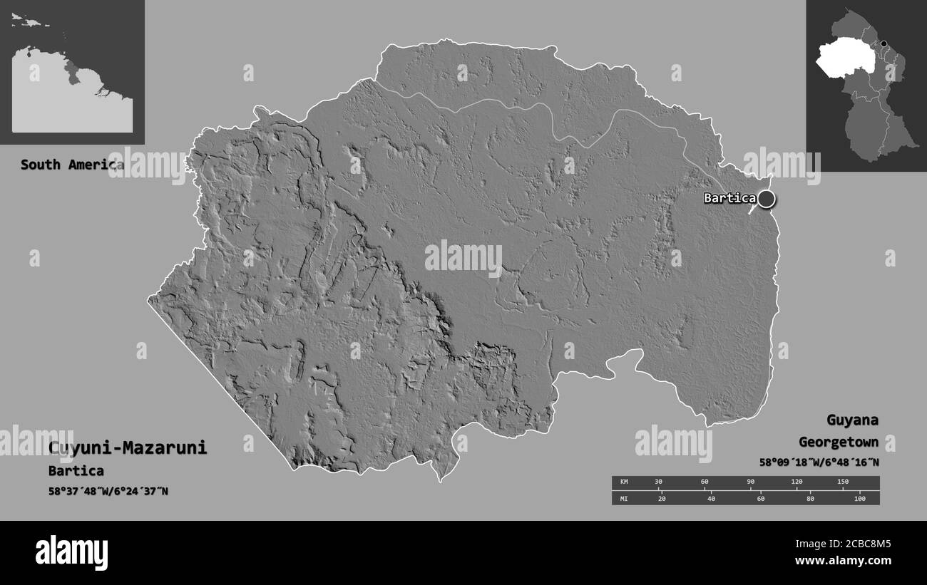 Forme de Cuyuni-Mazaruni, région du Guyana et sa capitale. Echelle de distance, aperçus et étiquettes. Carte d'élévation à deux niveaux. Rendu 3D Banque D'Images