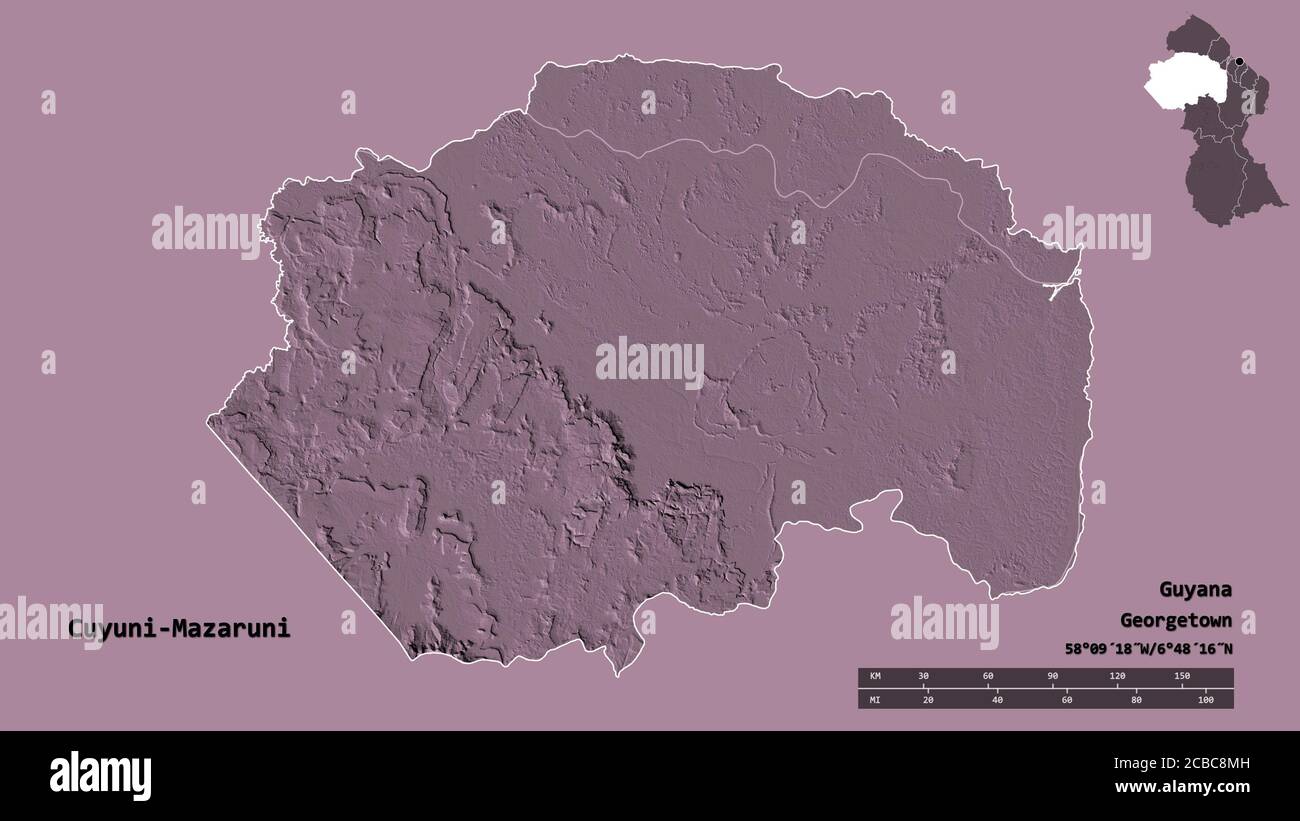 Forme de Cuyuni-Mazaruni, région du Guyana, avec sa capitale isolée sur fond solide. Échelle de distance, aperçu de la région et libellés. Surélévation de couleur Banque D'Images