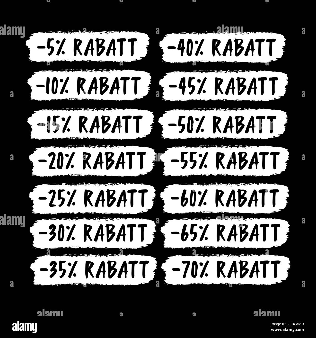 Mot RABATT esquissé à la main en allemand. Remise traduite. Étiquettes de vente dessinées à la main, 5, 10, 20, 30, 40, 50, 60, 70 pour cent Illustration de Vecteur