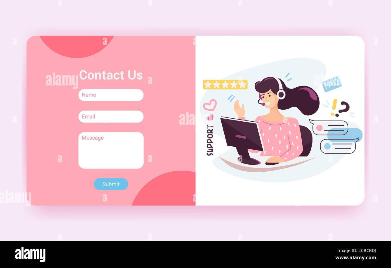 Modèle de page d'accueil de l'assistance technique avec formulaire de contact. Opérateur du service client avec casque parlant au client, maquette de site Web. Vecteur de dessin animé Illustration de Vecteur