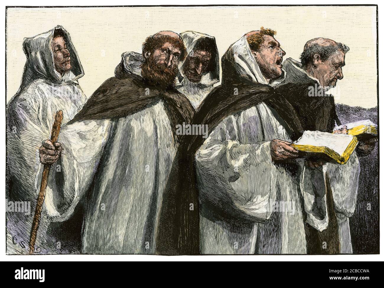 Procession de moines chantant. Coupe de bois de couleur main Banque D'Images