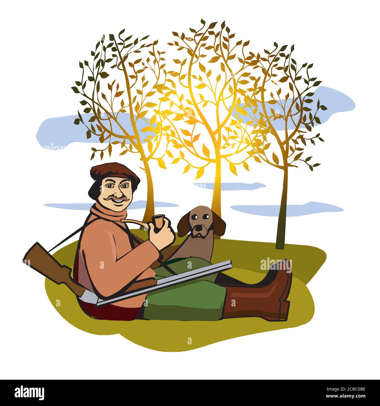 Huntsman and Dog, soleil d'automne et arbres. Illustration d'un chasseur de smiling assis avec chien, pipe et fusil de chasse. Vecteur disponible. Illustration de Vecteur