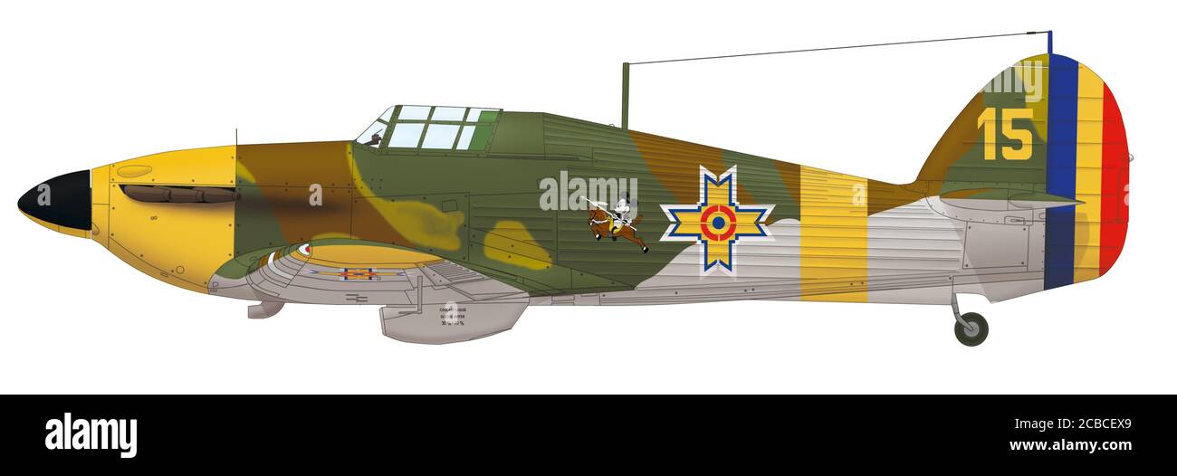 Hawker Hurricane Mk I (jaune 15) du 53e vol de chasse de la Royal Romanian Air Force, Saltz Airfield, 1941 Banque D'Images