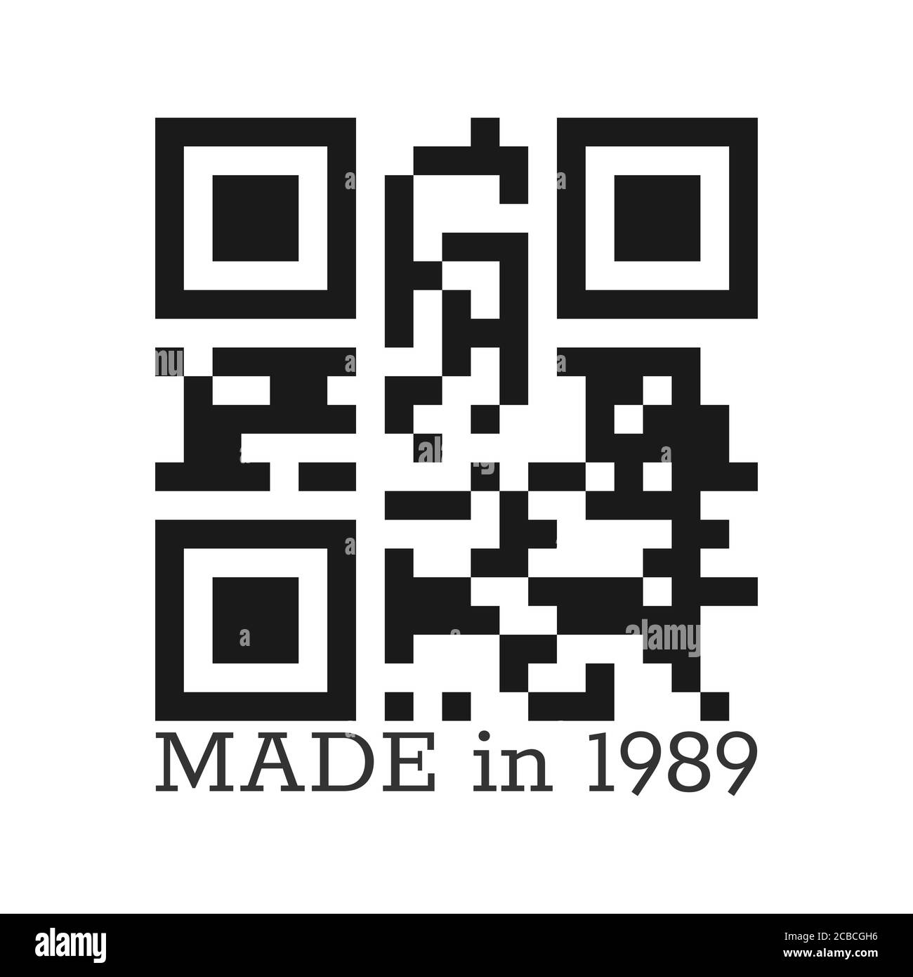 Fabriqué en 1989. Texte stylisé vectoriel avec un code QR réel. Illustration vectorielle pour les vêtements, les textiles et les salutations isolée sur un fond blanc. Illustration de Vecteur