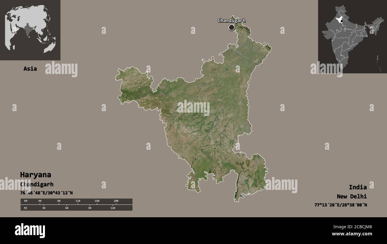 Forme de Haryana, état de l'Inde, et sa capitale. Echelle de distance, aperçus et étiquettes. Imagerie satellite. Rendu 3D Banque D'Images