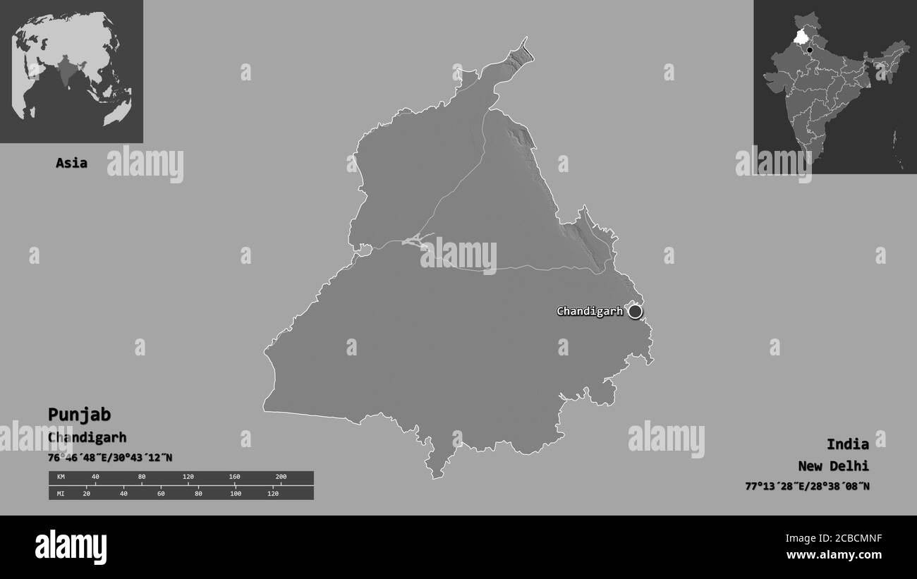 Forme du Punjab, état de l'Inde, et sa capitale. Echelle de distance, aperçus et étiquettes. Carte d'élévation à deux niveaux. Rendu 3D Banque D'Images