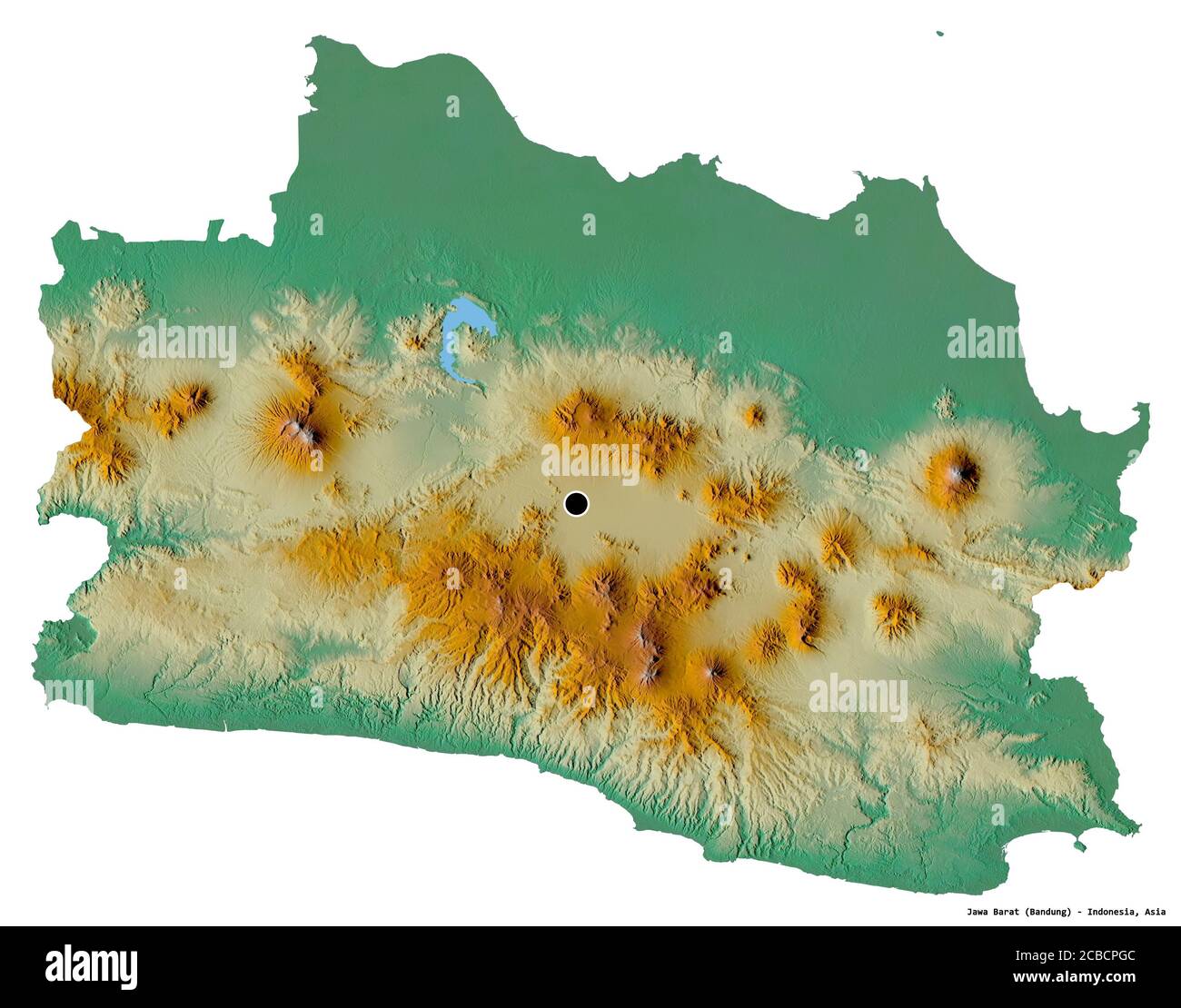 Forme de Jawa Barat, province d'Indonésie, avec sa capitale isolée sur fond blanc. Carte topographique de relief. Rendu 3D Banque D'Images