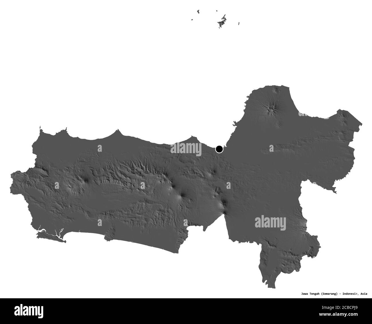 Forme de Jawa Tengah, ville d'Indonésie, avec sa capitale isolée sur fond blanc. Carte d'élévation à deux niveaux. Rendu 3D Banque D'Images