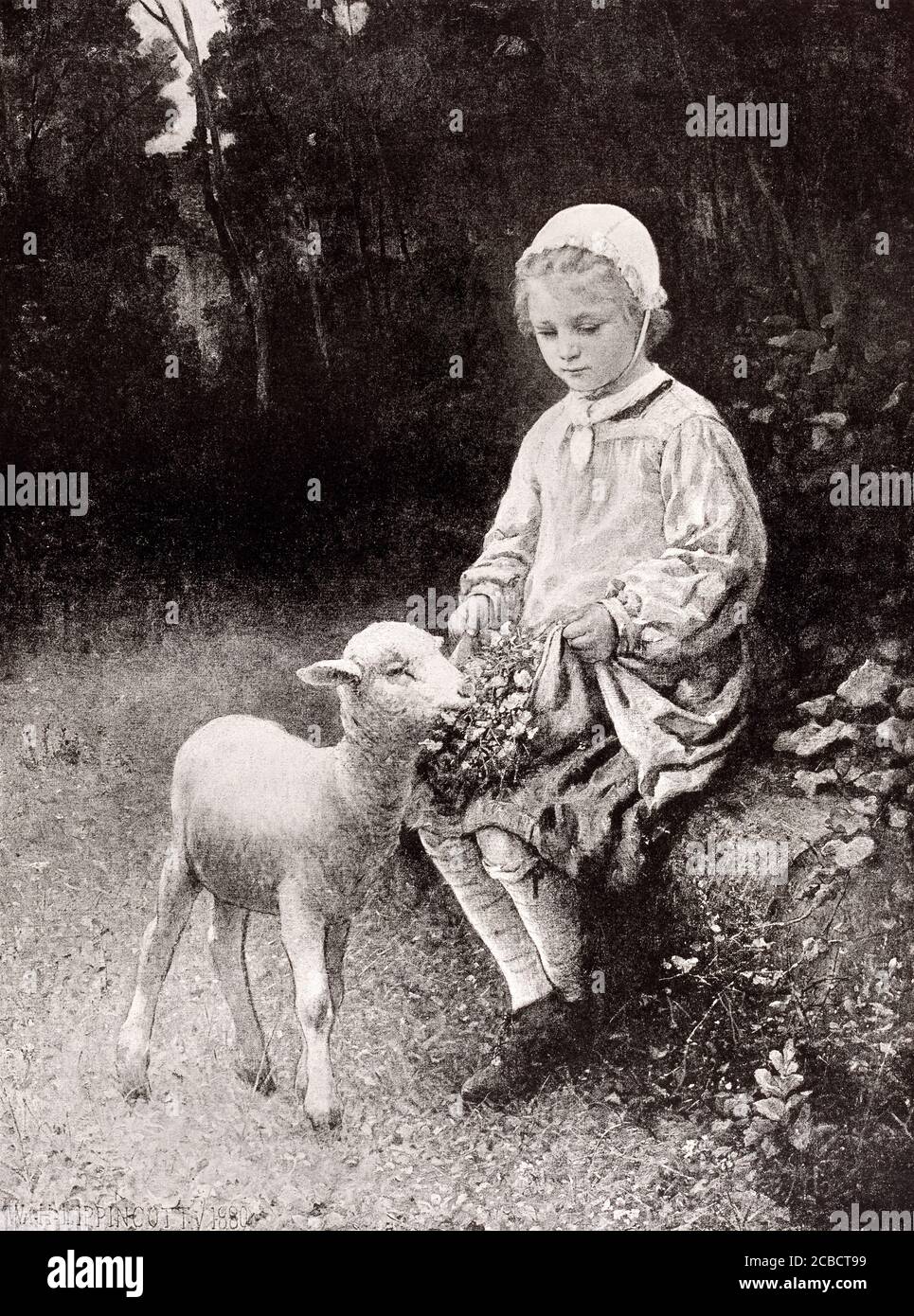 1890 photo-mécanique d'un tableau William Henry Lippincott de Un enfant qui nourrit un agneau de compagnie avec la légende enfance Banque D'Images