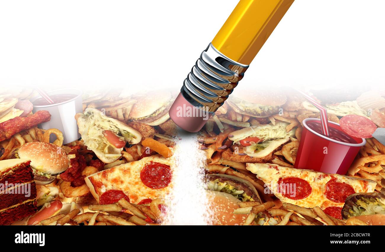 Dieting et junk food concept avec graisseux frit restaurant à emporter comme oignons frits Burger et hot dogs avec poulet frit frites et pizza. Banque D'Images