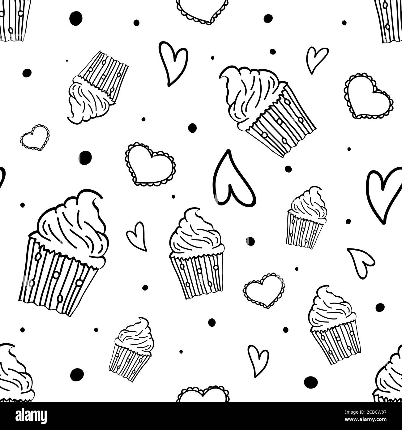 Motif sans couture dessiné à la main avec cupcakes, coeurs et pois. Arrière-plan de la fête. Illustration vectorielle. Illustration de Vecteur