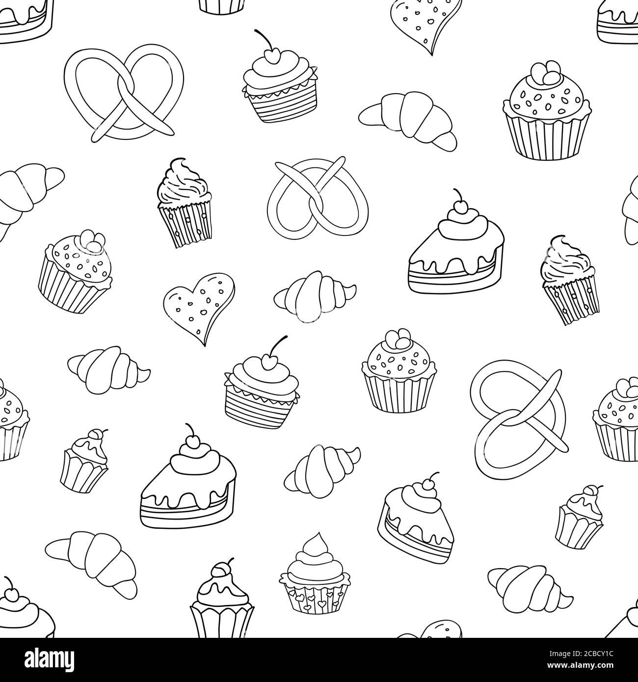 Motif sans couture avec bonbons, tartes, petits gâteaux, crème glacée et produits de boulangerie illustration vectorielle. Illustration de Vecteur