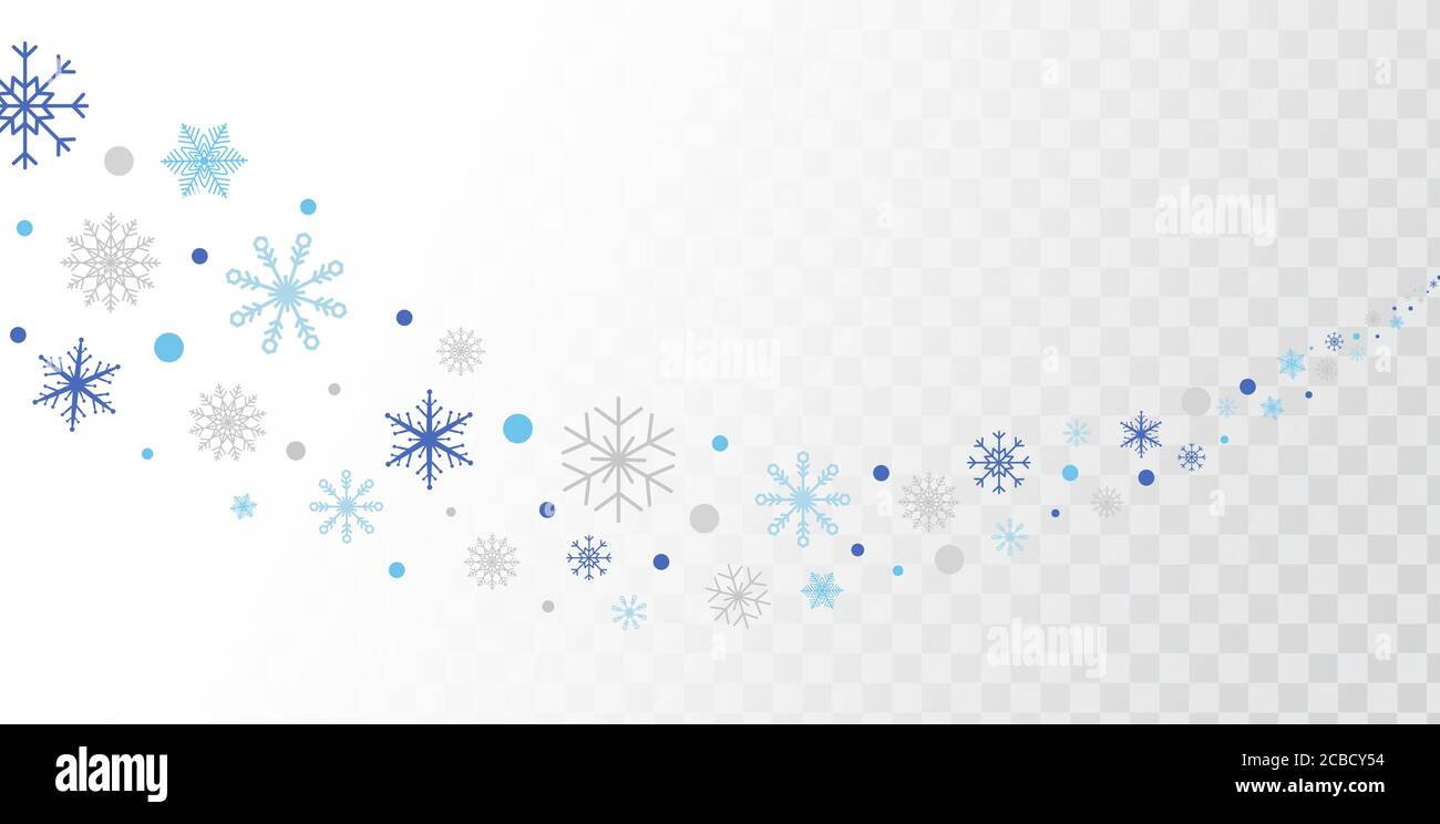 Flocons de neige et bordure de neige. Flocons de neige bleus et argentés isolés sur fond transparent. Motif de Noël brillant pour cartes, bannières, affiches, Illustration de Vecteur