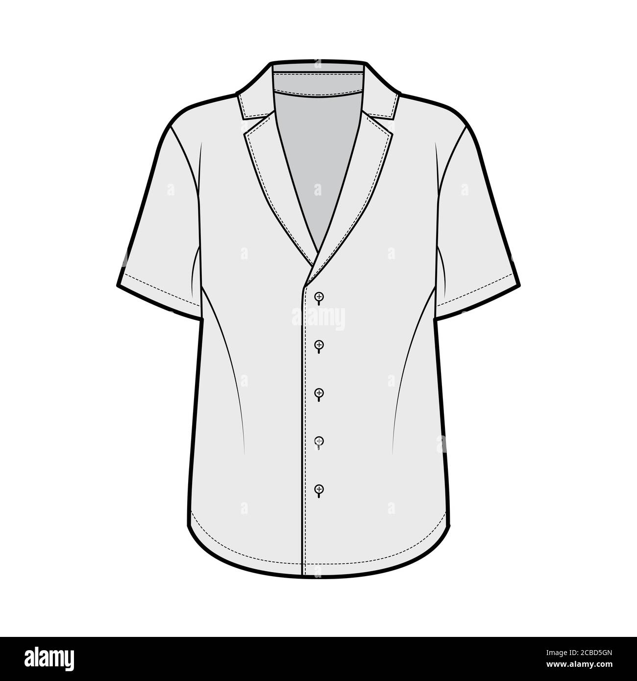 Chemise de pyjama technique avec silhouette ample, col cranté pointu, boutons sur le devant, manches courtes. Modèle de vêtement plat de couleur grise sur le devant. Femmes hommes unisexe haut Illustration de Vecteur