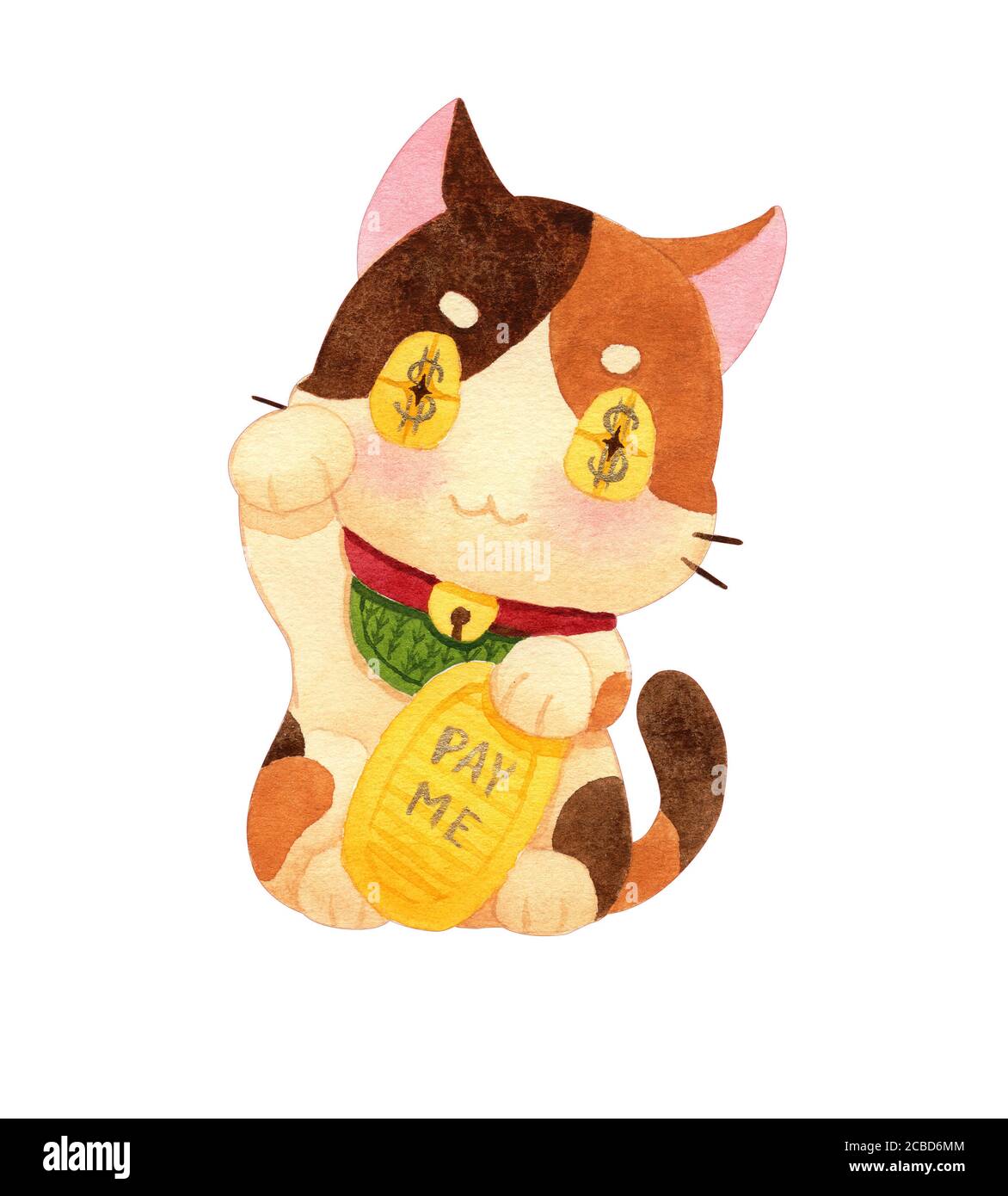 Maneki Neko Japon Charme Chanceux Le Chat Calico A Souleve Son Pied Droit Le Pied Gauche Tient Une Piece De Koban Peinture A La Main Aquarelle Sur Fond Blanc Photo Stock