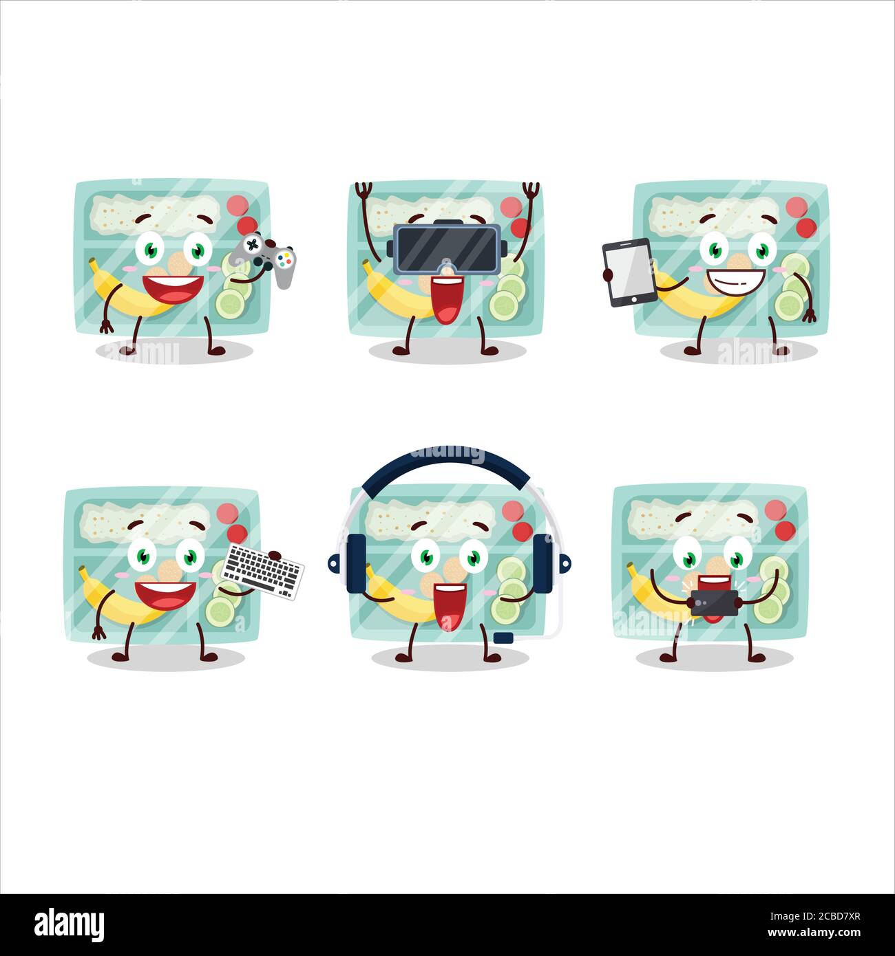 Le personnage de dessin animé de la boîte à lunch joue à des jeux avec divers mignon émoticônes Illustration de Vecteur