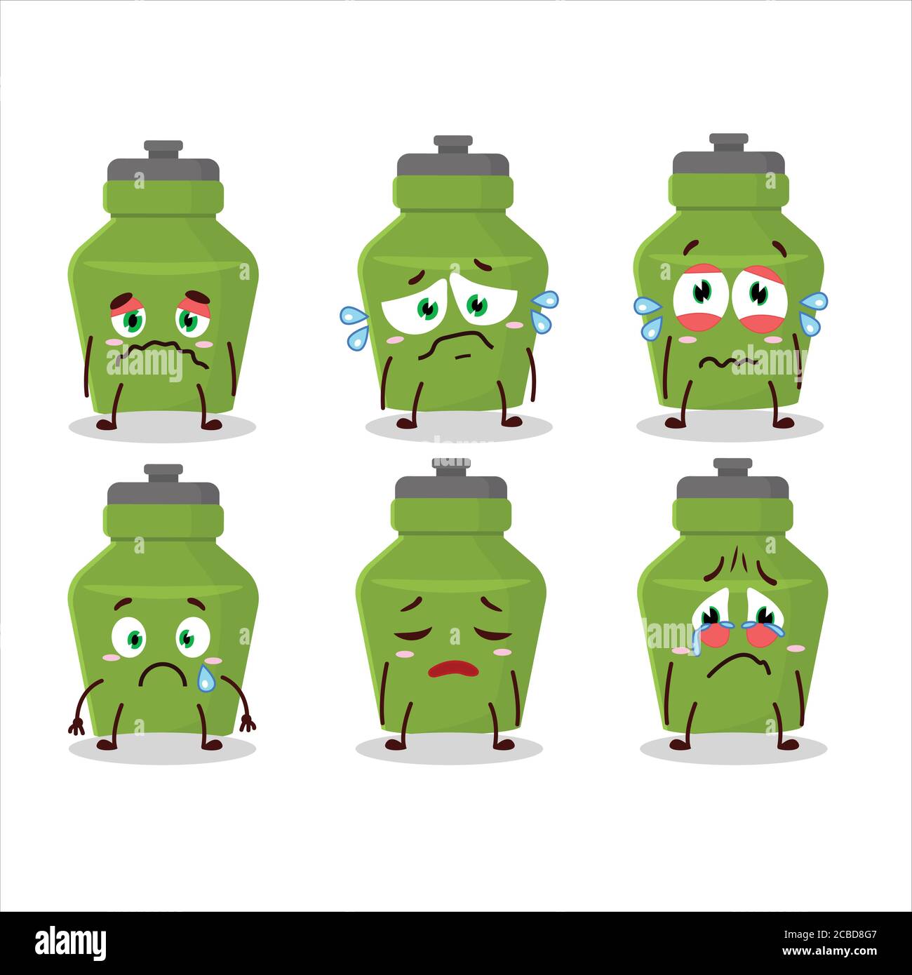 Personnage de dessin animé de bouteille de boisson verte avec une expression triste Illustration de Vecteur