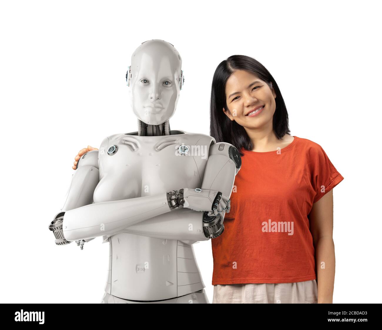 Robot assistant concept avec femme asiatique tenir 3d rendu femelle cyborg Banque D'Images