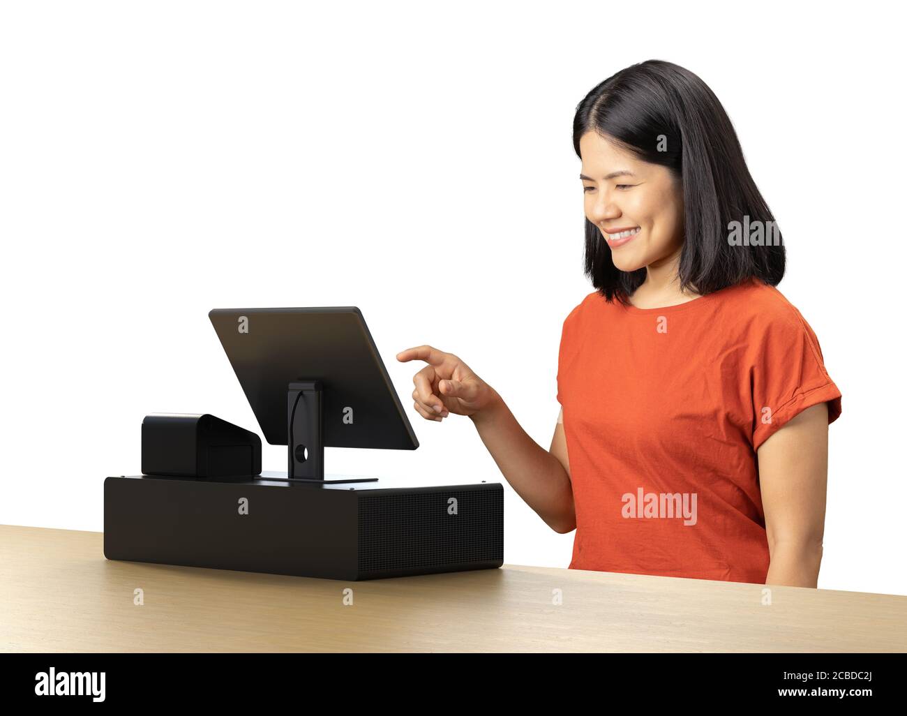 Femme asiatique porte un t-shirt rouge avec comptoir de caisse Banque D'Images