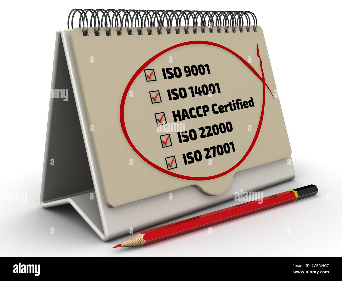 Liste des normes ISO: iso 9001; iso 14001; haccp; iso 22000; iso 27001. Crayon rouge et liste de contrôle avec des repères rouges. Illustration 3D Banque D'Images