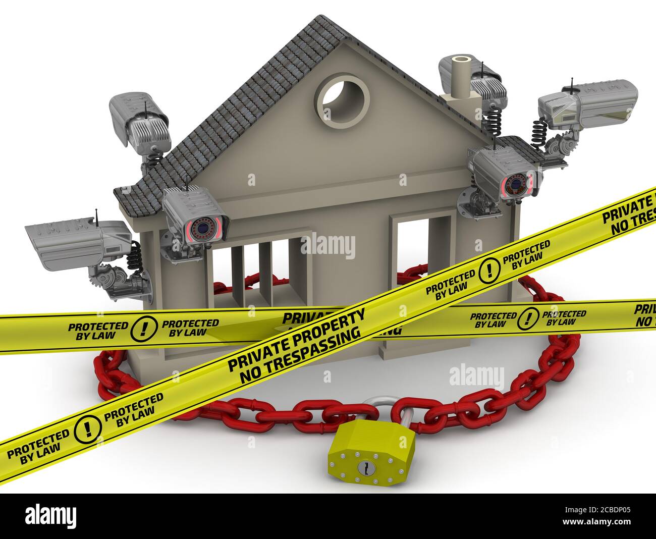 Caméras CCTV, bandes d'avertissement avec texte "PROPRIÉTÉ PRIVÉE. PAS D'INTRUSION. PROTÉGÉ PAR LA LOI", cadenas et symbole de l'immobilier. Illustration 3D Banque D'Images