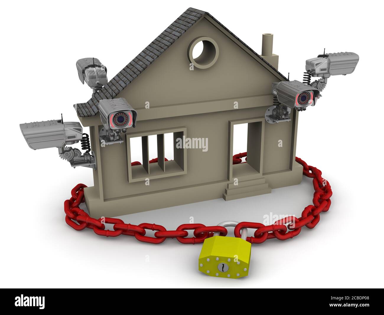 Protection des biens immobiliers. Caméras de vidéosurveillance, cadenas sur la chaîne et symbole de l'immobilier. Le concept de protection immobilière. Illustration 3D Banque D'Images