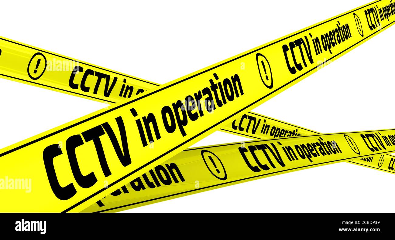 CCTV en fonctionnement. Bandes d'avertissement jaunes avec texte noir - CCTV en cours de fonctionnement. Illustration 3D. Isolé Banque D'Images