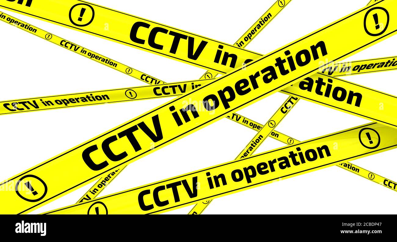 CCTV en fonctionnement. Bandes d'avertissement jaunes avec texte noir - CCTV en cours de fonctionnement. Illustration 3D. Isolé Banque D'Images