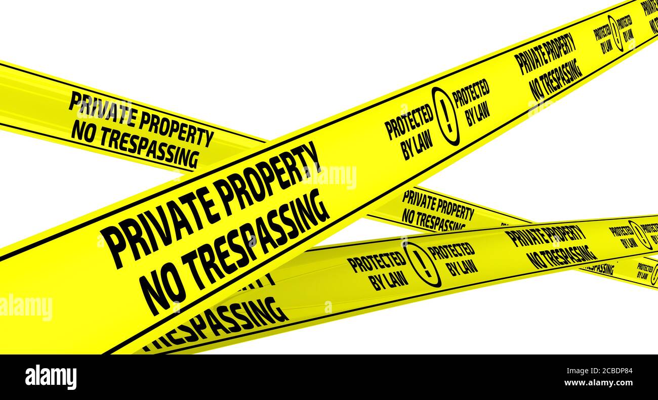 Bandes d'avertissement jaunes avec propriété PRIVÉE en texte noir. PAS D'INTRUSION. PROTÉGÉ PAR LA LOI. Isolé Banque D'Images