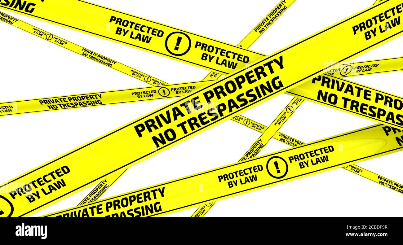 Bandes d'avertissement jaunes avec propriété PRIVÉE en texte noir. PAS D'INTRUSION. PROTÉGÉ PAR LA LOI. Isolé Banque D'Images