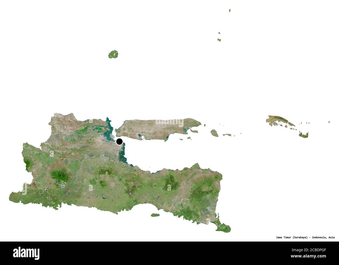 Forme de Jawa Timur, province d'Indonésie, avec sa capitale isolée sur fond blanc. Imagerie satellite. Rendu 3D Banque D'Images