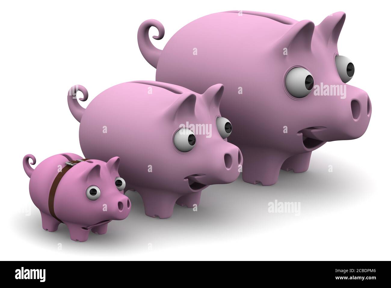 Deux banques de porc heureuses et une triste classées par croissance sur une surface blanche. Le concept de la croissance de l'épargne financière. Illustration 3D Banque D'Images