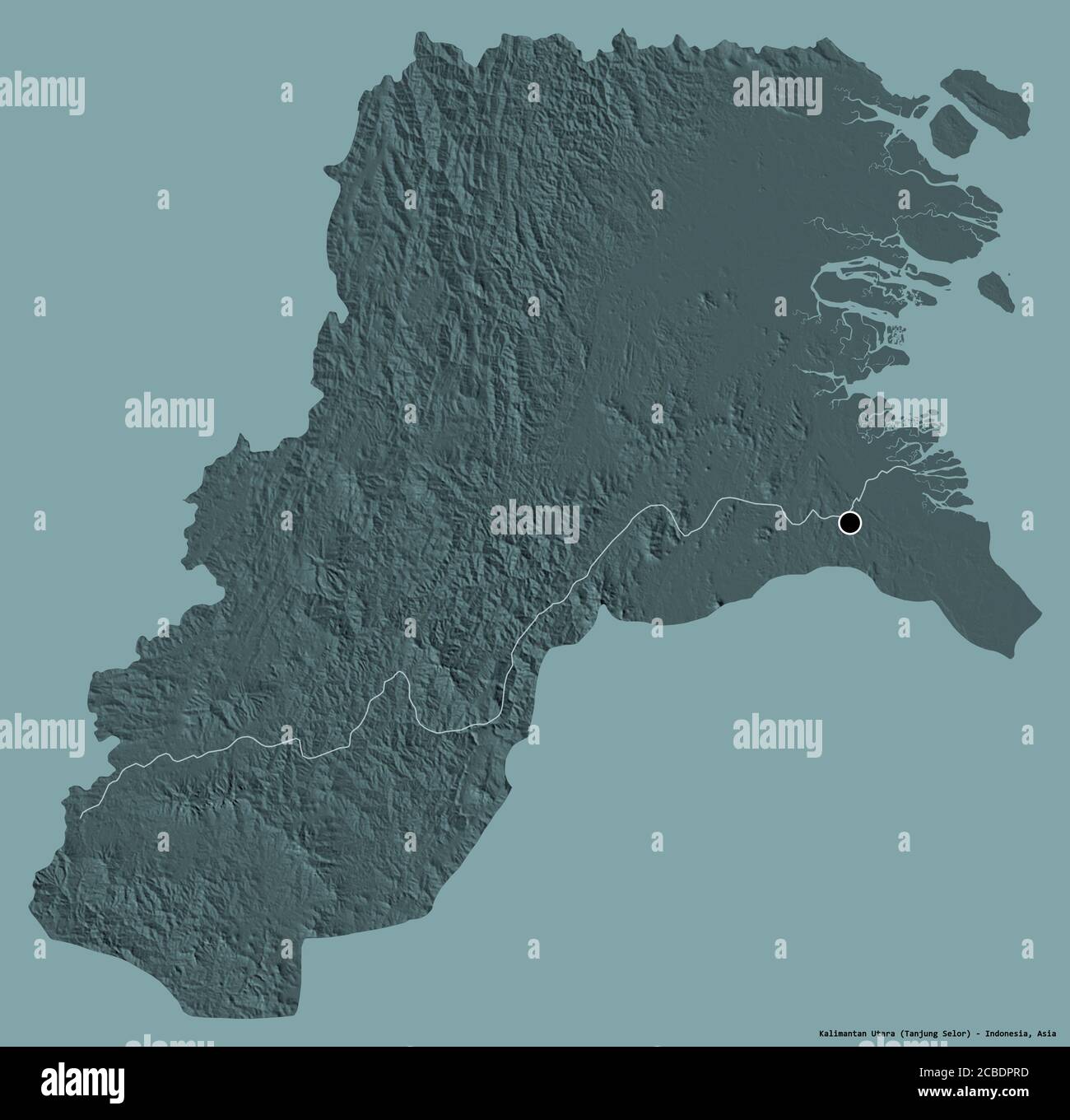 Forme de Kalimantan Utara, province d'Indonésie, avec sa capitale isolée sur un fond de couleur unie. Carte d'altitude en couleur. Rendu 3D Banque D'Images