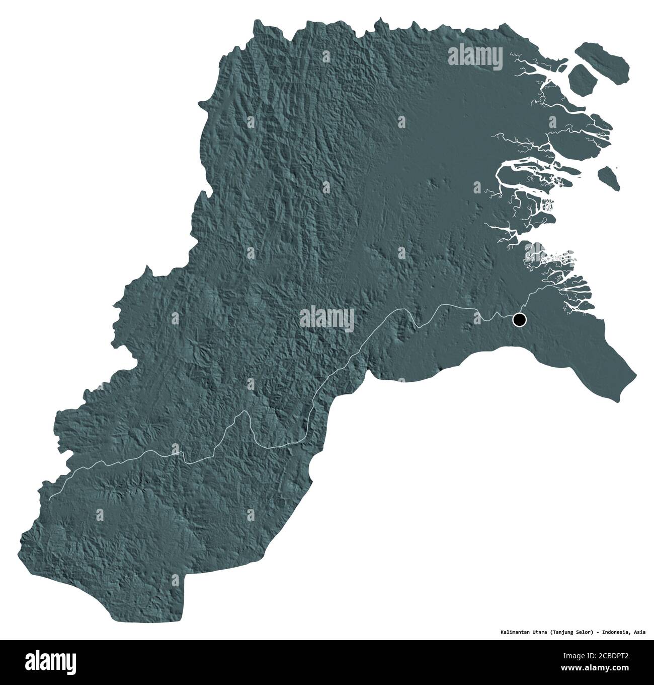 Forme de Kalimantan Utara, province d'Indonésie, avec sa capitale isolée sur fond blanc. Carte d'altitude en couleur. Rendu 3D Banque D'Images