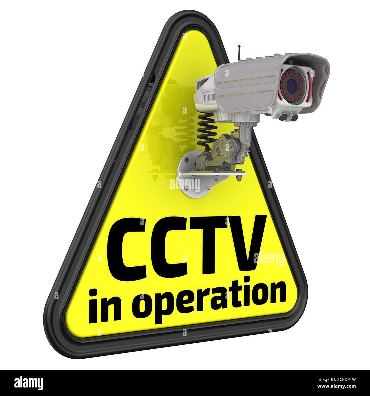 CCTV en fonctionnement. Le panneau de signalisation. Panneau de signalisation jaune avec inscription « CCTV in operation » et caméra CCTV. Illustration 3D. Isolé Banque D'Images