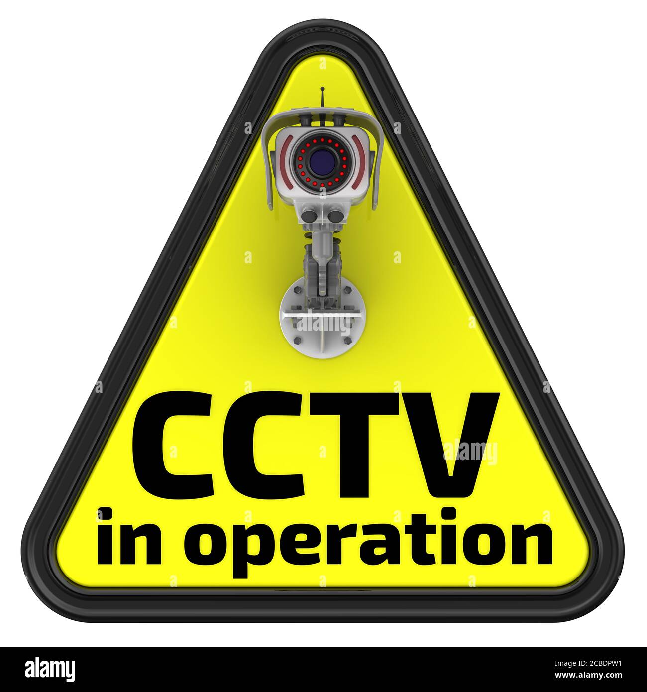 CCTV en fonctionnement. Le panneau de signalisation. Panneau de signalisation jaune avec inscription « CCTV in operation » et caméra CCTV. Illustration 3D. Isolé Banque D'Images