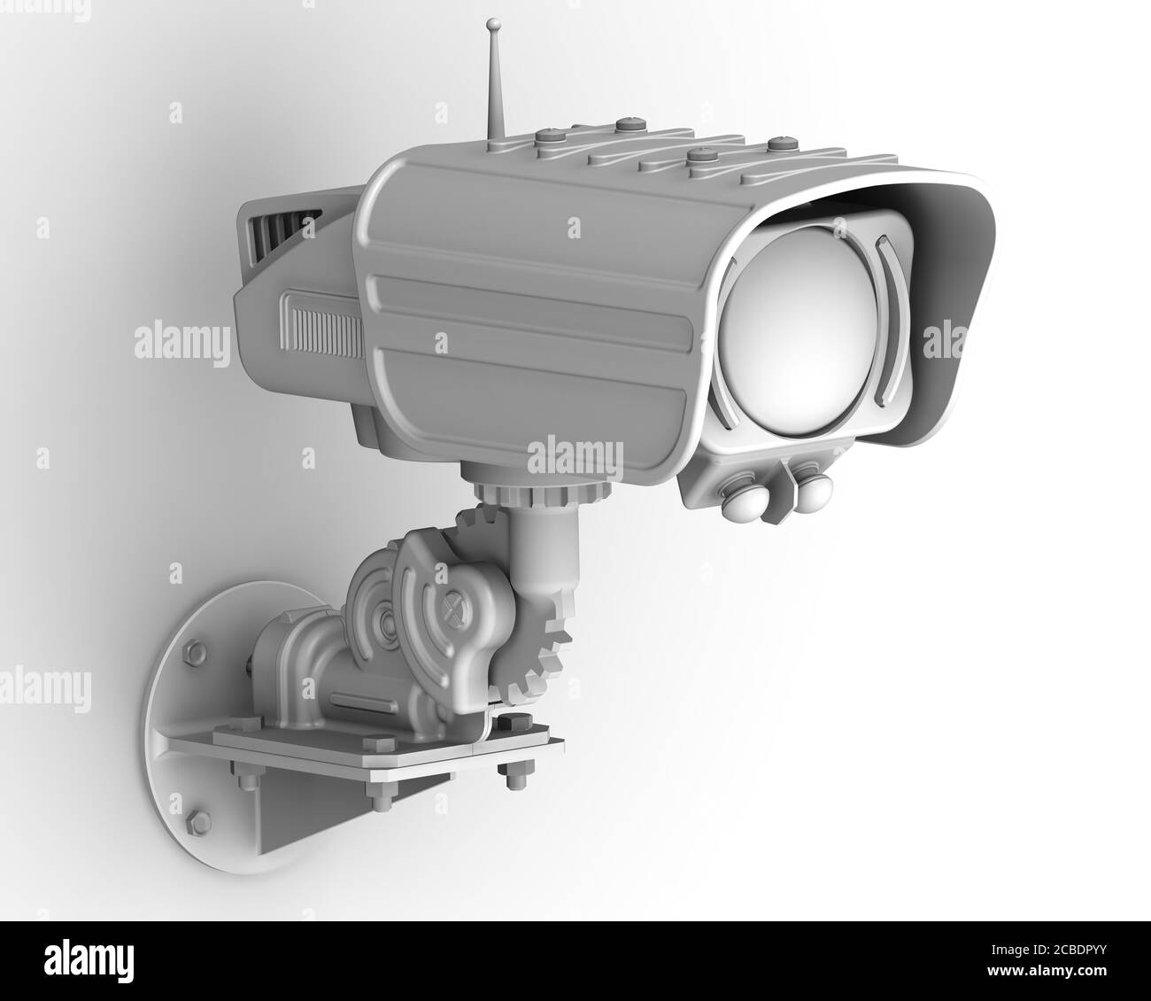 Une caméra de vidéosurveillance au mur. Caméra de sécurité moderne (CCTV). Illustration 3D. Isolé Banque D'Images