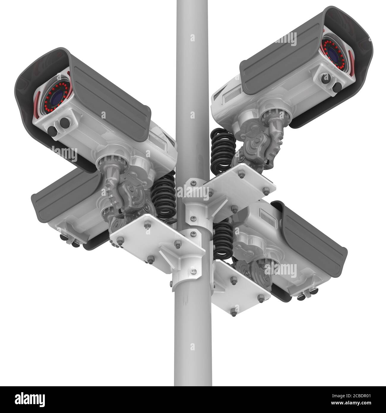 Caméras CCTV sur le montant. Quatre caméras de sécurité modernes montées sur un montant. Illustration 3D. Isolé Banque D'Images