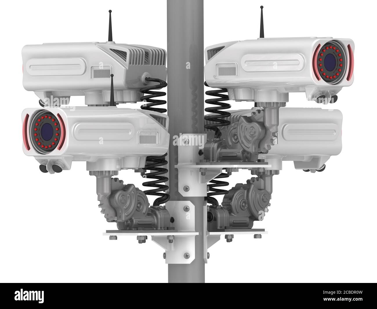 Caméras CCTV sur le montant. Quatre caméras de sécurité modernes montées sur un montant. Illustration 3D. Isolé Banque D'Images