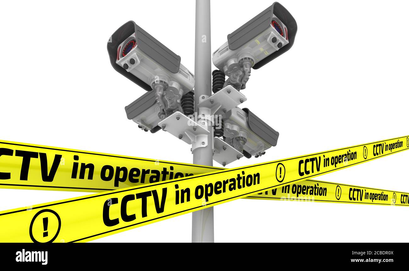 CCTV en fonctionnement. Quatre caméras de sécurité modernes montées sur un montant et des rubans d'avertissement jaunes avec l'inscription « CCTV in operation ». Illustration 3D Banque D'Images