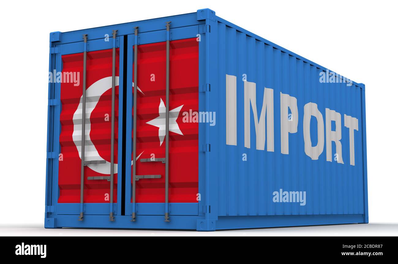 Importations de la Turquie. Conteneur de fret sur une surface blanche avec importation de mot et image du drapeau turc sur les portes. Illustration 3D Banque D'Images