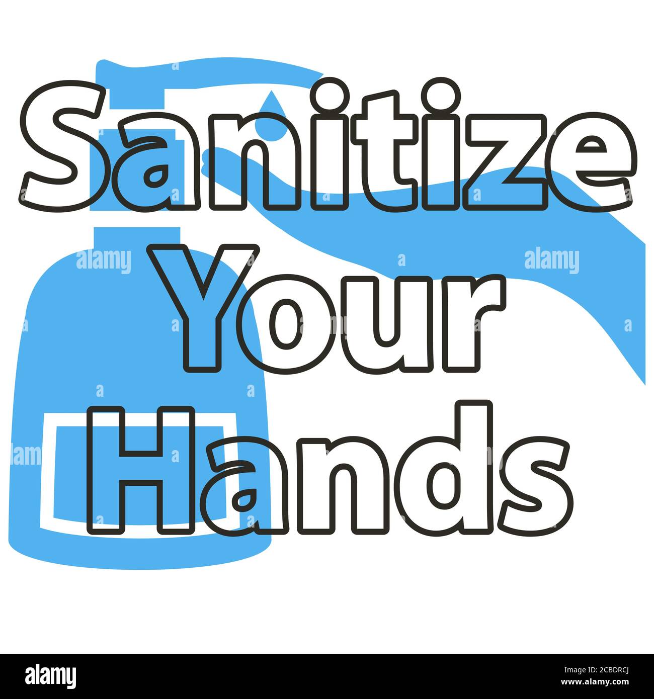 Illustration de l'assainisseur et de la paume de couleur bleue. Rendu de « maniez vos mains ». Affiche de « rendez-vous ! ». Illustration de la section « gérer votre » Banque D'Images
