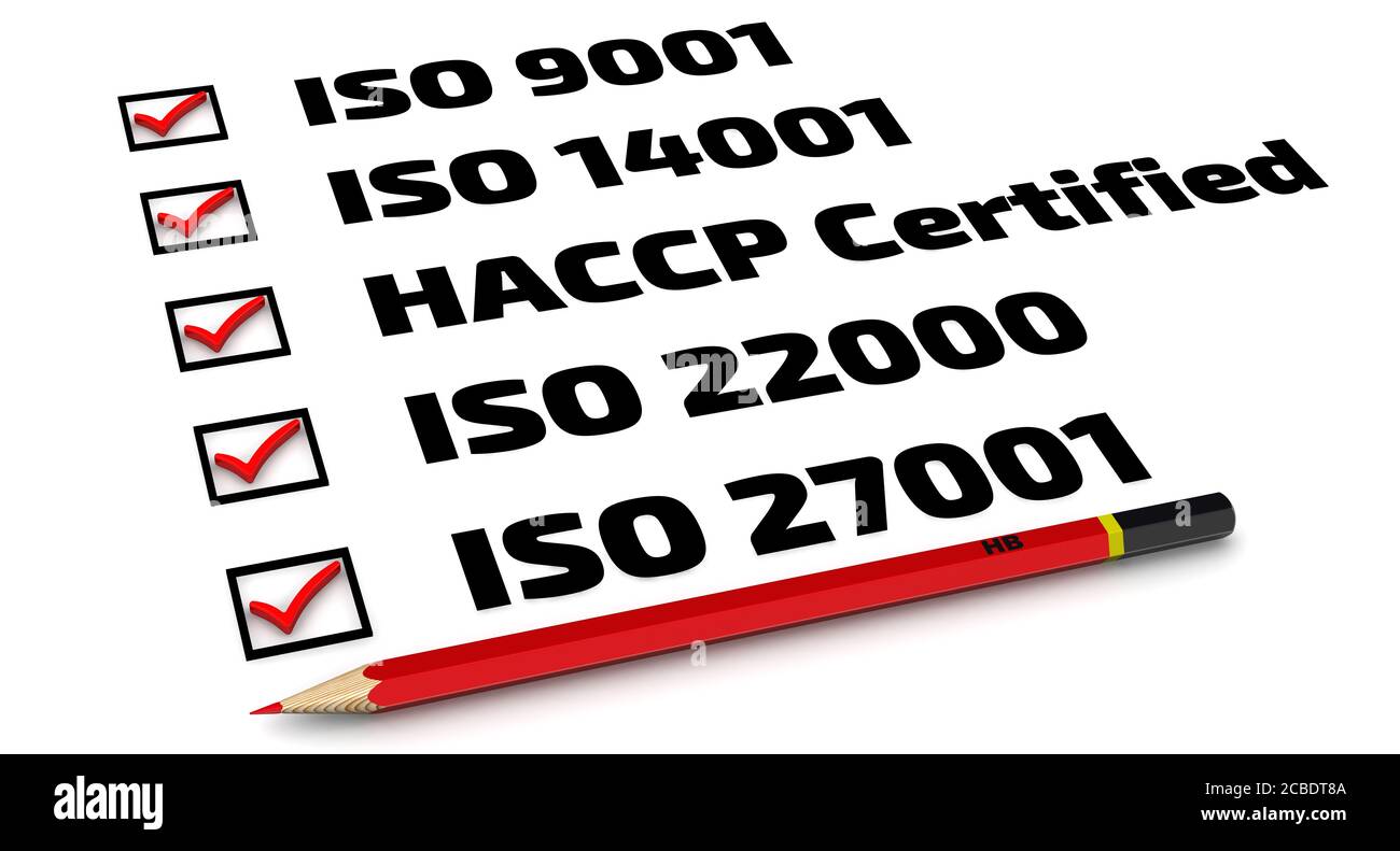 Liste des normes ISO: iso 9001; iso 14001; haccp; iso 22000; iso 27001. Crayon rouge et liste de contrôle avec des repères rouges Banque D'Images