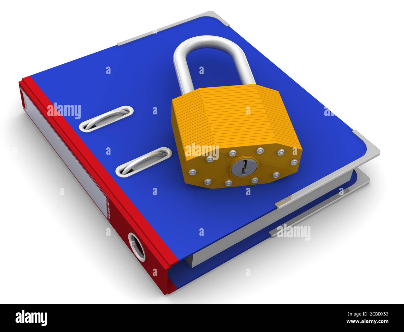 Documentation de protection. Le cadenas se trouve sur un dossier bleu. Le concept de sécurité de l'information. Illustration 3D Banque D'Images