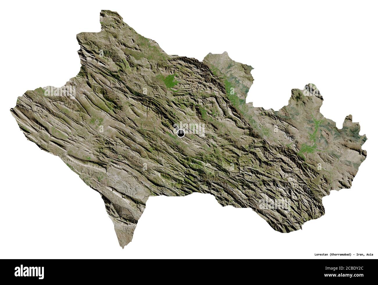 Forme de Lorestan, province d'Iran, avec sa capitale isolée sur fond blanc. Imagerie satellite. Rendu 3D Banque D'Images