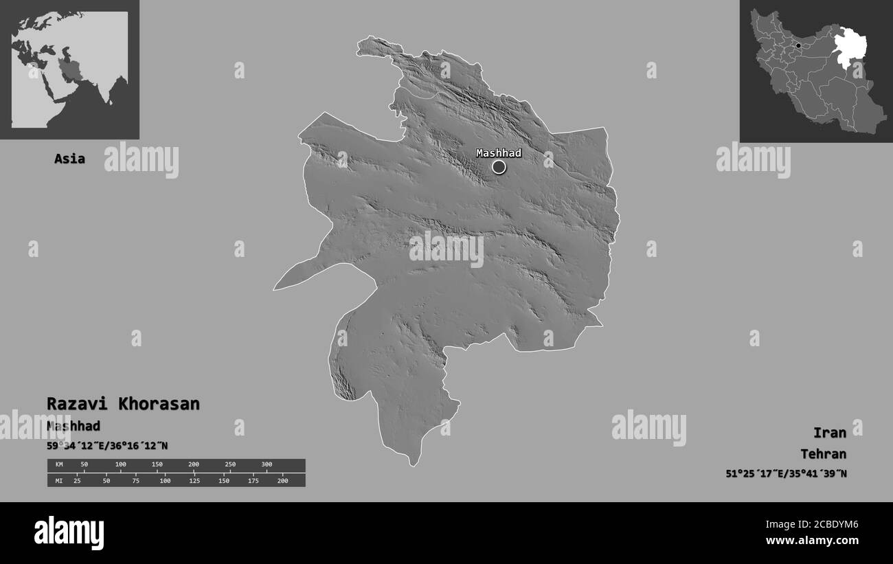 Forme de Razavi Khorasan, province d'Iran, et sa capitale. Echelle de distance, aperçus et étiquettes. Carte d'élévation à deux niveaux. Rendu 3D Banque D'Images